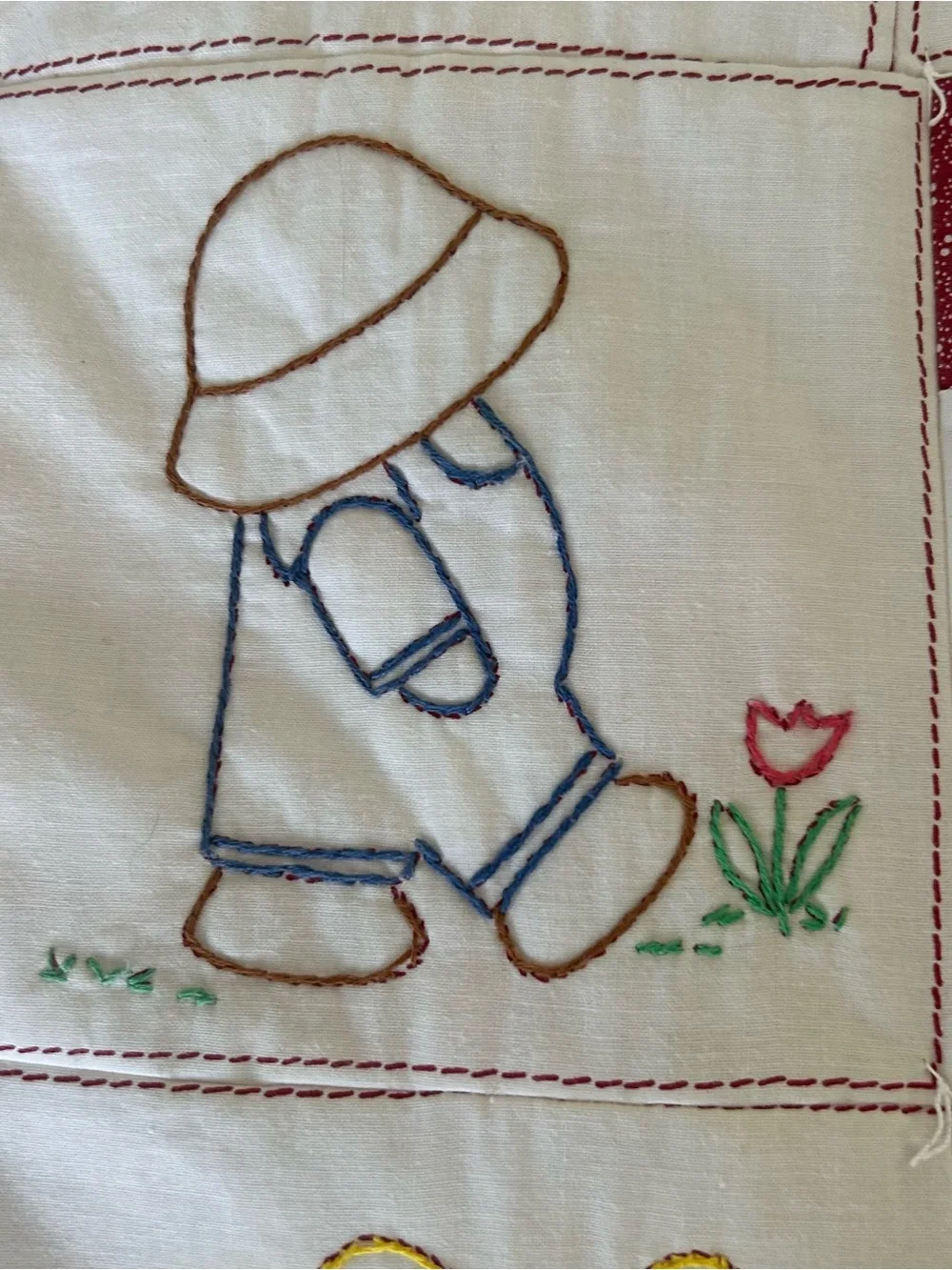 VTG Hand-embroidered Quilt Tapestry Hanging Cottage Sunbonnet Sue Theme 46”x59”